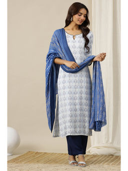 Aurelia - White Geometric Printed Textured Rayon Straight Kurta Pants and Dupatta (Set of 3)