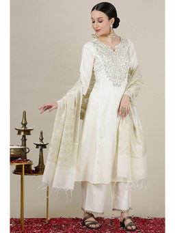 Aurelia - Off-White Dori Embroidered Kurta with Palazzo and Jacquard Dupatta (Set of 3)