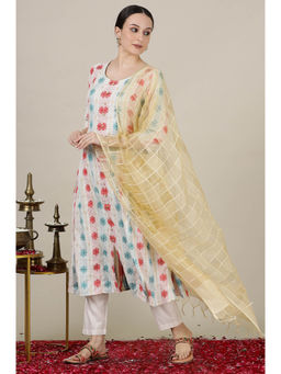 Aurelia - Cream Abstract Print Flared Kurta Pants and Dupatta (Set of 3)