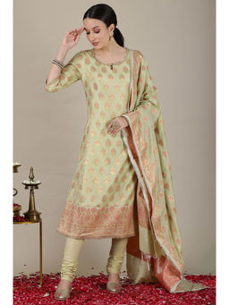 Aurelia - Mint Green Yarn Dyed Embroidered A-Line Kurta Churidar and Dupatta (Set of 3)