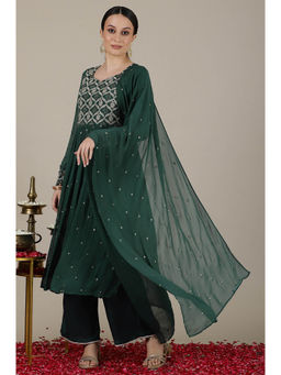Aurelia - Green Yarn Dyed Embroidered Cotton Blend Kurta Palazzo and Dupatta (Set of 3)