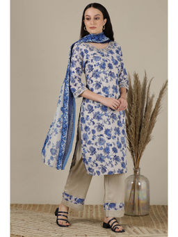Aurelia - Blue Floral Printed Sequined Kota Straight Kurta Pants and Dupatta (Set of 3)