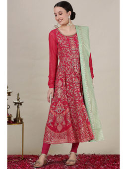 Aurelia - Pink Floral Printed Sequined Kalidar Kurta Churidar and Dupatta (Set of 3)