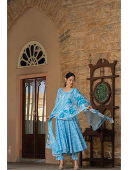 GAYRAA - Turquoise Cotton Printed Anarkali Kurta with Pants and Dupatta (Set of 3)