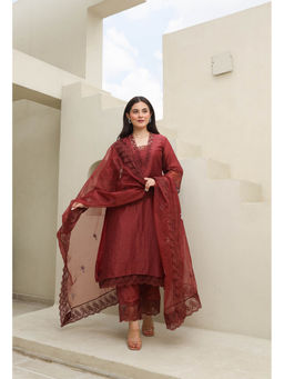 ASRUMO - Maroon Elegance Chanderi Kurta and Pants with Dupatta (Set of 3)
