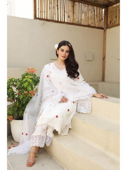 ASRUMO - White Cotton Gauze Kurta and Pants with Kota Doriya Dupatta (Set of 3)