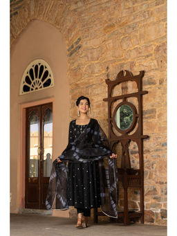 GAYRAA - Black Cotton Printed Anarkali Kurta with Pants and Dupatta (Set of 3)