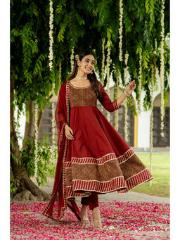 GAYRAA - Maroon Cotton Hand Block Printed Anarkali Kurta with Pants and Dupatta (Set of 3)