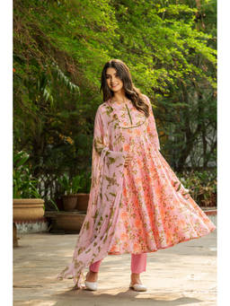 GAYRAA - Pink Cotton Printed Anarkali Kurta with Pants and Dupatta (Set of 3)