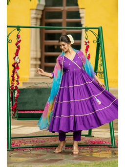 GAYRAA - Purple Embroidered Tiered Anarkali Kurta with Pants and Dupatta (Set of 3)