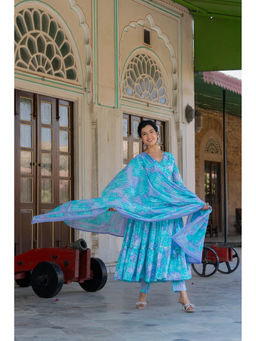 GAYRAA - Turquoise Cotton Tiered Anarkali Kurta with Pants and Dupatta (Set of 3)