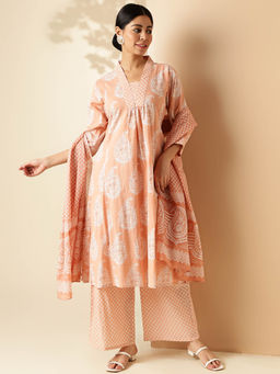 Vbuyz - Womens Floral Print A-Line Cotton Peach Kurta Palazzo and Dupatta (Set of 3)