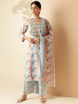 Vbuyz - Womens Floral Print Straight Cotton Sky Blue Kurta Palazzo and Dupatta (Set of 3)