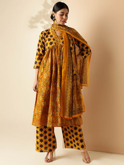 Vbuyz - Womens Floral Print with Sequence Work Mustard Kurta Palazzo and Dupatta (Set of 3)