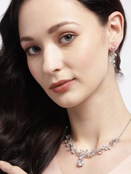 Carlton London - Silver-Toned Rhodium-Plated Vine-Shape Handcrafted Cz-Studded Jewellery Set