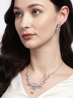 Carlton London - Off-White Rhodium-Plated Handcrafted Cz-Studded and Beaded Jewellery Set