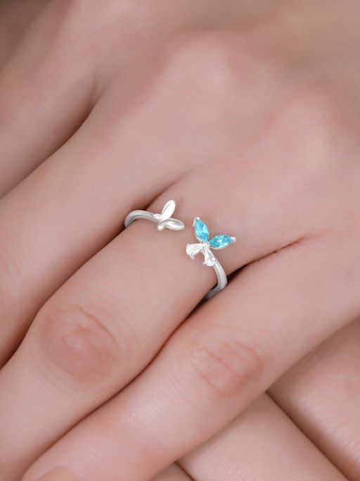 Zavya Blue Butterfly Rhodium Plated 925 Sterling Silver Ring
