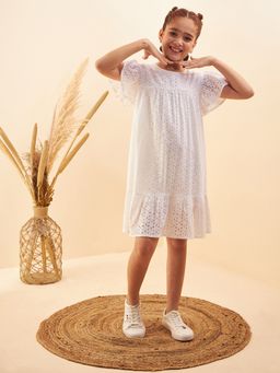 Cherry & Jerry - Girls White Empire Knee Length Dress