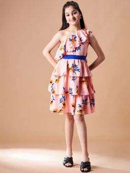 Cherry & Jerry - Girls Peach & Blue Fit and Flare Knee Length Dress with Belt (Set of 2)