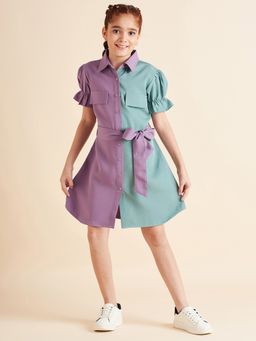 Cherry & Jerry - Girls Lavender & Sea Green Shirt Knee Length Dress with Belt (Set of 2)