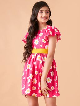 Cherry & Jerry - Girls Pink A-Line Knee Length Dress with Belt (Set of 2)