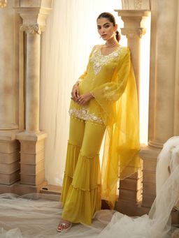 Label S4U - Yellow Handwork Sharara with Kurti and Dupatta (Set of 3)