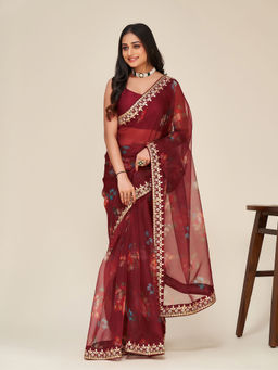 Odette - Brown Organza Saree with Unstitched Blouse