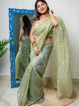 Odette - Green Organza Embellished Saree with Stitched Blouse