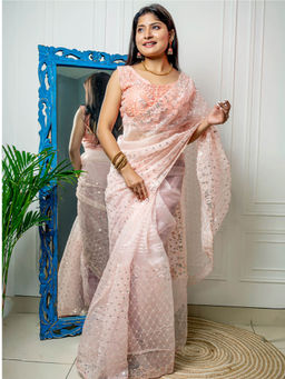 Odette - Peach Organza Embellished Saree with Stitched Blouse