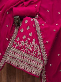 Koskii - Rani Pink Silver Zariwork Raw Silk Unstitched Salwar Suit (Set of Three)