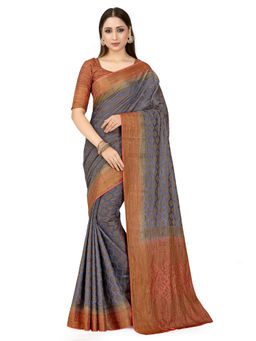 Mimosa - Grey Patola Style Art Silk Saree With Unstitched Blouse