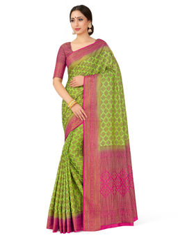 Mimosa - Green Patola Style Art Silk Saree With Unstitched Blouse