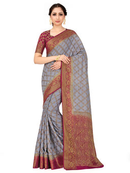 Mimosa - Grey Patola Style Art Silk Saree With Unstitched Blouse