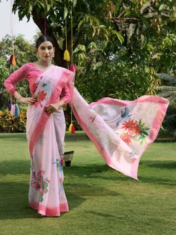 Akhilam - Women Soft Silk Pink Digital Print Designer Saree with Unstitched Blouse