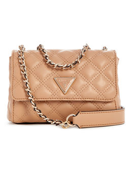 Guess - Beige Quilted Polyurethane Giully Mini Convertible Flap Sling Bag