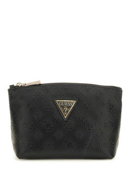 Guess - Black Embossed Polyurethane Wilder Top Zip Cosmetic Pouch (L)