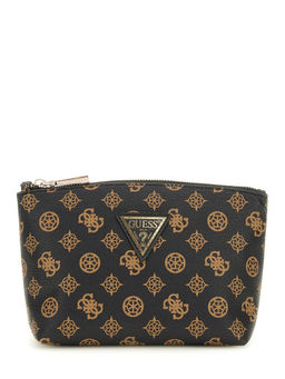 Guess - Brown Monogram Polyurethane Wilder Top Zip Cosmetic Pouch (L)