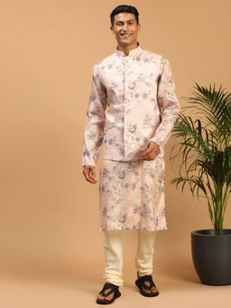 Vastramay - Men Multicolour-base-peach Cotton Blend Jacket, Kurta And Pyjama (Set of 3)