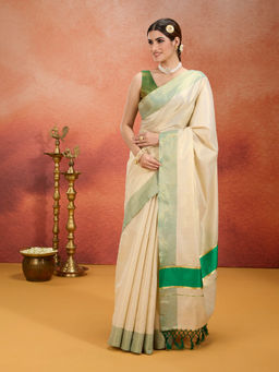 Likha - Onam Kasavu Cotton Zari Work Green Saree with Unstitched Blouse LIKONAMSAR01