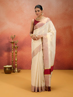 Likha - Onam Kasavu Cotton Zari Work Maroon Saree with Unstitched Blouse LIKONAMSAR01