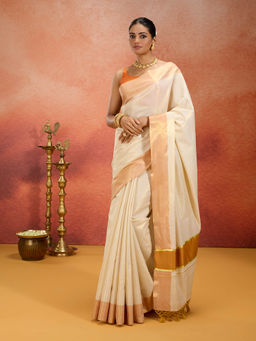 Likha - Onam Kasavu Cotton Zari Work Mustard Saree with Unstitched Blouse LIKONAMSAR01