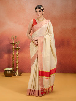 Likha - Onam Kasavu Cotton Zari Work Red Saree with Unstitched Blouse LIKONAMSAR01