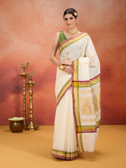 Likha - Onam Kasavu Cotton Zari Work Multi Color Saree with Unstitched Blouse LIKONAMSAR03