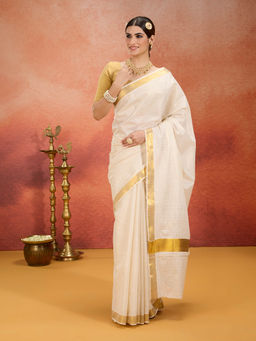 Likha - Onam Kasavu Cotton Zari Work Multi Color Saree with Unstitched Blouse LIKONAMSAR05