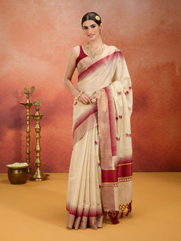 Likha - Onam Kasavu Cotton Zari Work Printed Off White Saree with Unstitched Blouse LIKONAMSAR06