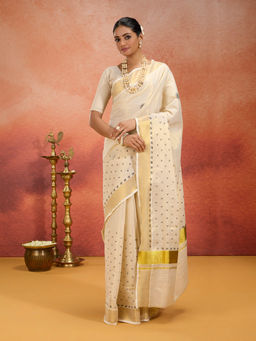 Likha - Onam Kasavu Cotton Zari Work Printed Off White Saree with Unstitched Blouse LIKONAMSAR07