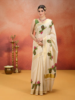 Likha - Onam Kasavu Cotton Zari Work Printed Off White Saree with Unstitched Blouse LIKONAMSAR08
