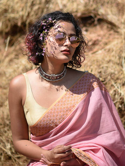 Women Beige Solid Artificial Silk Saree Blouse