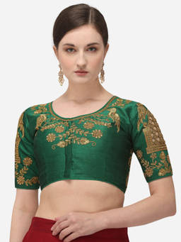 Amrutam Fab - Womens Embroidered Green Phantom Silk Stiched Blouse With Round Neck