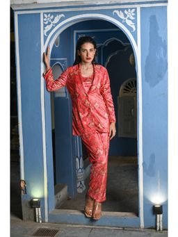 Mahee Jaipur - Coral Blossom Velvet Co-ord (Set of 3)